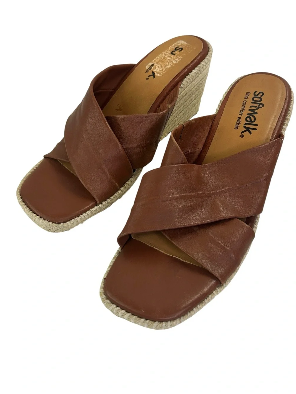 Softwalk Hastings Wedge Espadrilles brown leather cross cross size 8